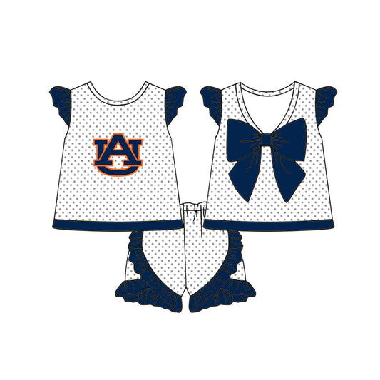 Preorder (moq 5)Baby Girls Auburn Polka Dots Back Bow Tunic Ruffle Shorts Team Clothes Sets