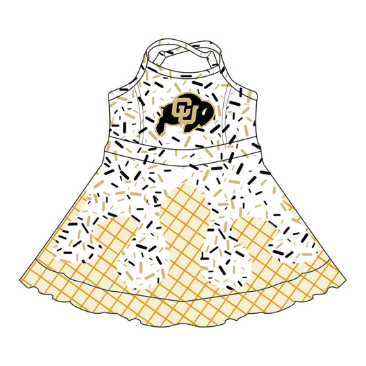 Preorder (moq 5)Baby Girls Drip Sprinkles CU Boulder Team Shorts Ruffle Knee Length Dress