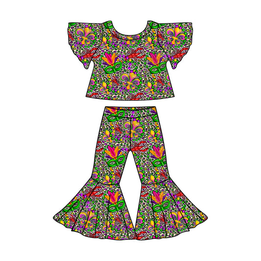 Preorder (moq 5)Baby Girls Mardi Gras Crawfish Top Bell Bottom Pants Clothes Sets