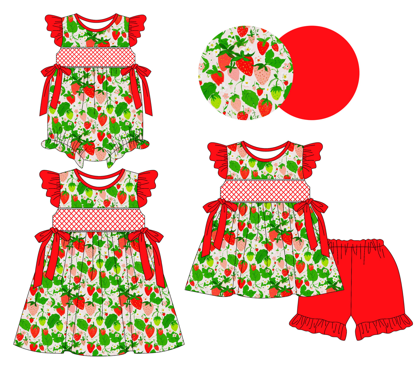 Preorder moq 5 Custom Baby Girls Red Green Strawberry Tunic Ruffle Short Set Knee Length Dress And Rompers