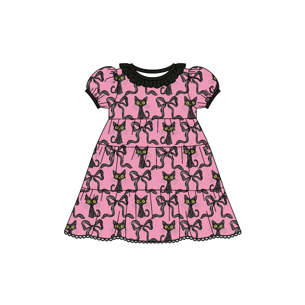 Preorder (moq 5)Baby Girls Short Ruffle Sleeves Bows Cats Plaid Knee Length Dresses