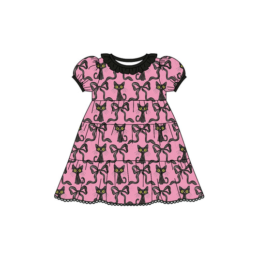 Preorder (moq 5)Baby Girls Short Ruffle Sleeves Bows Cats Plaid Knee Length Dresses