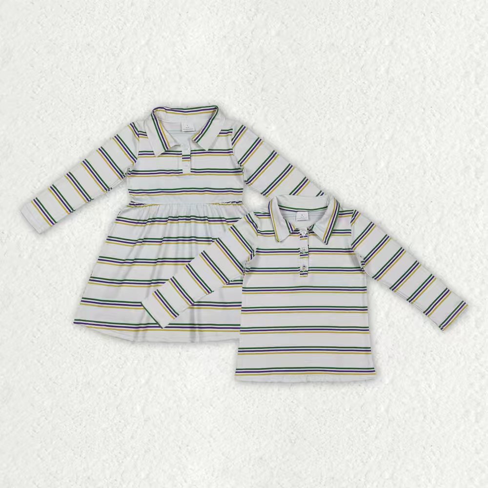 Sibling Baby Boys Girls Mardigras Stripe Button Knee Length Dresses Polo Shirts Top