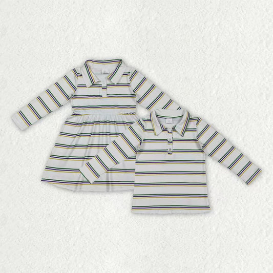 Sibling Baby Boys Girls Mardigras Stripe Button Knee Length Dresses Polo Shirts Top