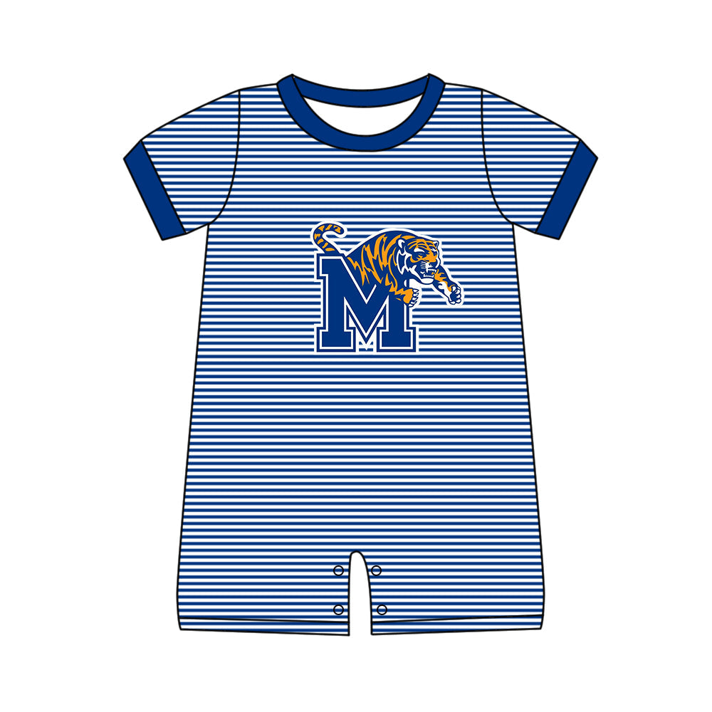 Preorder (moq 5)Baby Boys Short Sleeve Memphis Tigers Team Blue Stripe Rompers