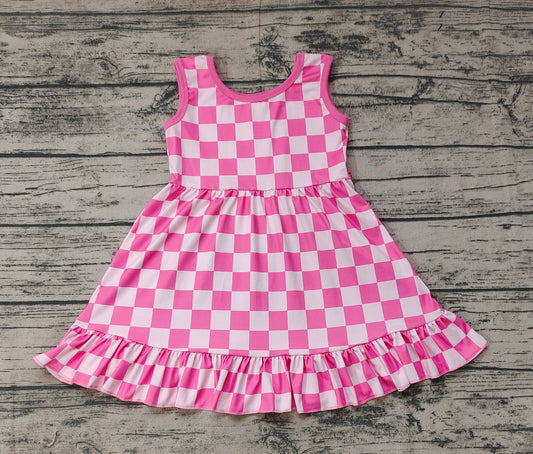 Baby Girls Sleeveless Pink Checkered Ruffle Dresses