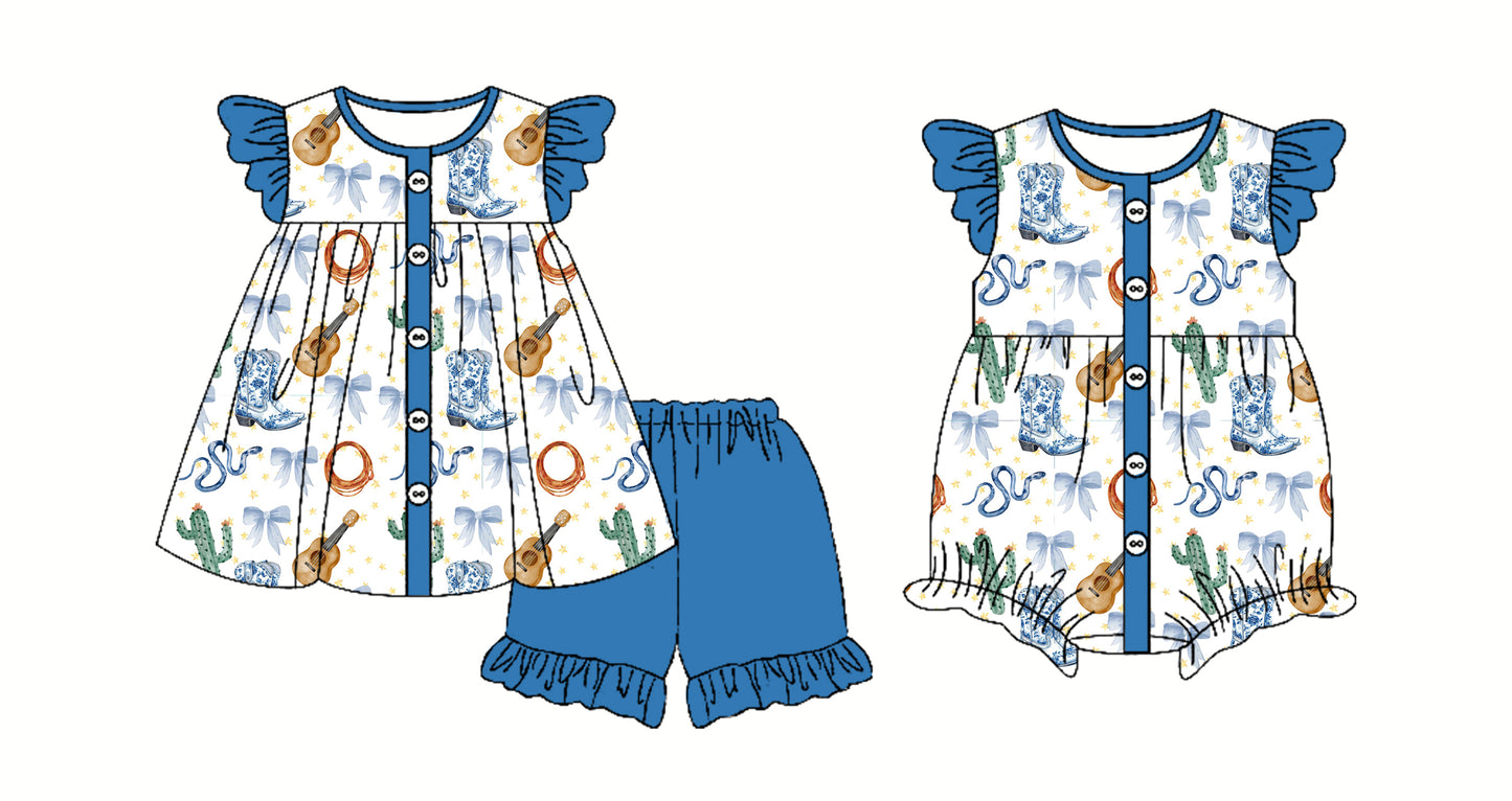 Preorder moq 5 Custom Baby Girls Blue Flutter Sleeves Button Boots Guitars Tunic Ruffle Short Set Rompers