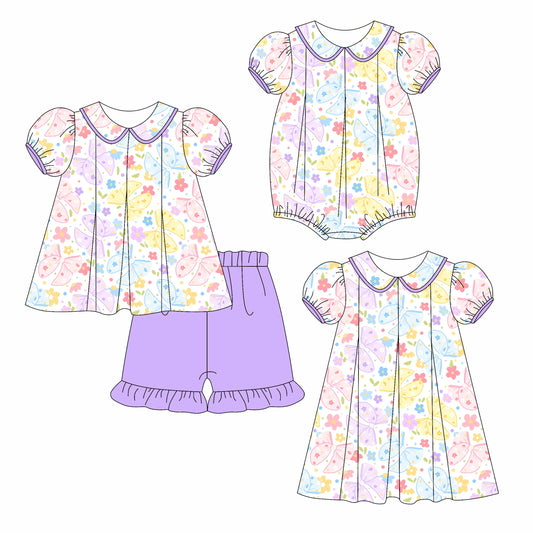 Preorder moq 5 Custom Baby Girls Butterfly Floral Tunic Ruffle Short Set Knee Length Dress Romper