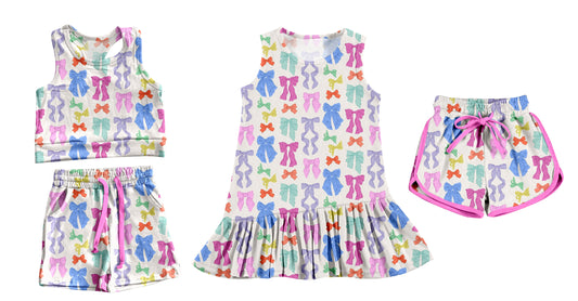 Preorder moq 5 Custom Baby Girls Sleeveless Colorful Bows Top Pocket Short Set Knee Length Dress Sport Shorts