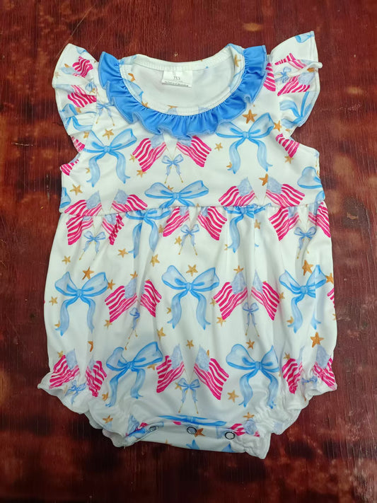 Preorder moq 5 Baby Girls Flutter Sleeves Blue Red Flags Bows 4th Of July Ruffle Romper