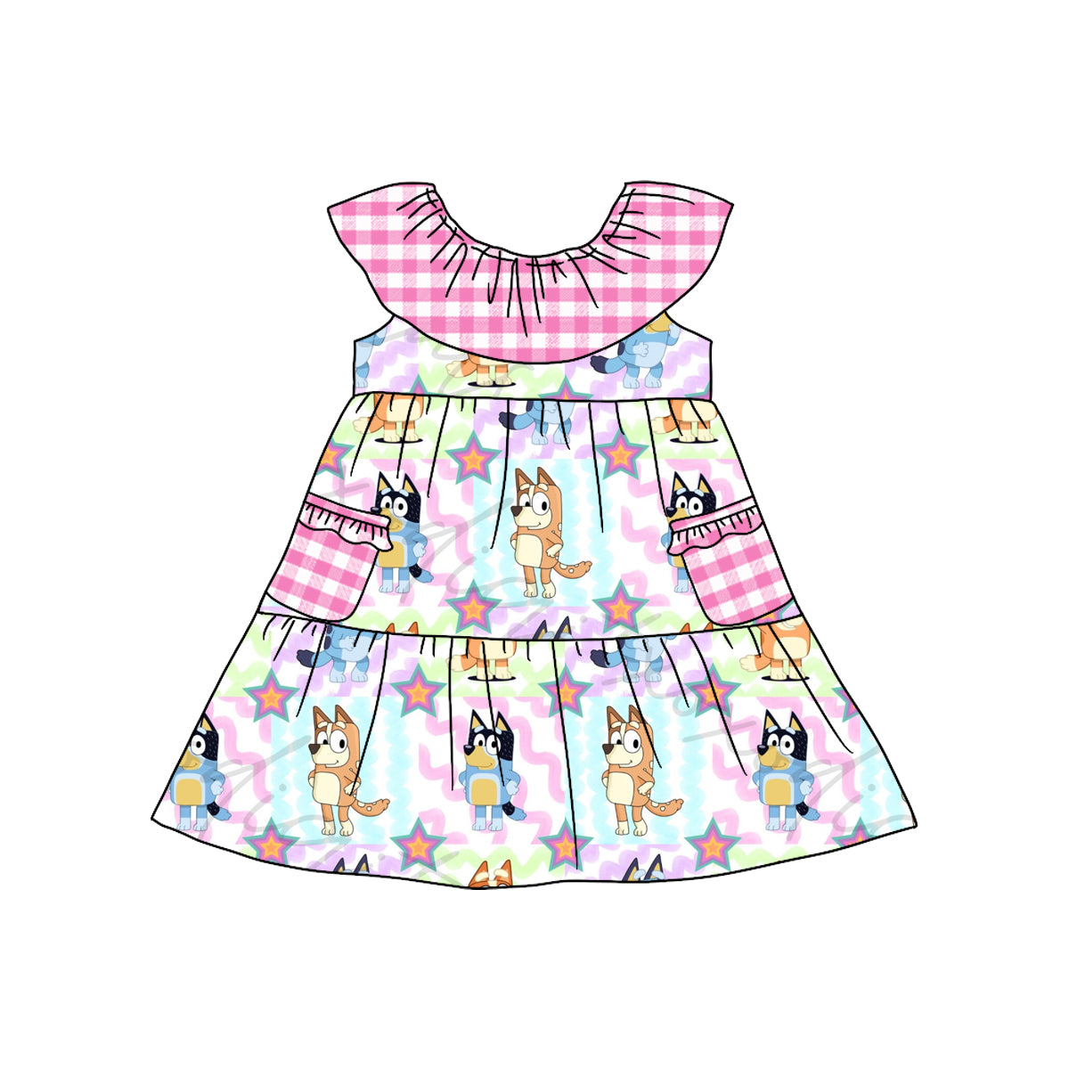 Baby Girls Pink Dogs Pockets Knee Length Dresses Preorder(moq 5)