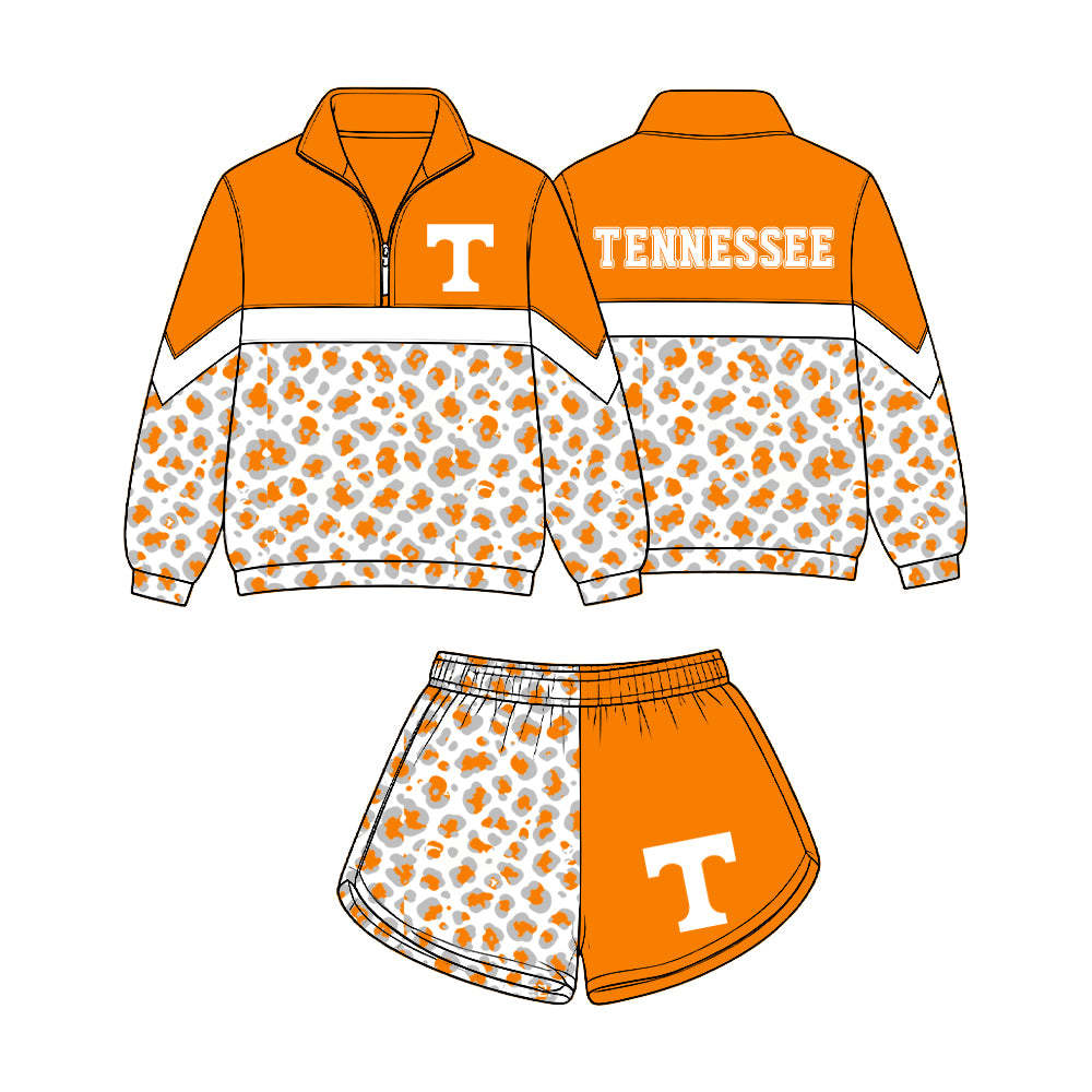 Preorder (moq 5)Baby Girls Grey Orange Leopard Tennessee Zip Pullovers Short Team Clothes Set
