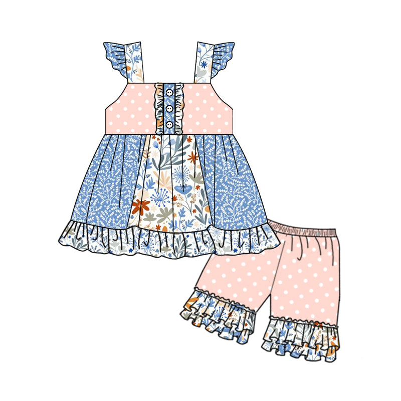 Baby Girls Blue Flowers Tunic Top Ruffle Polka Dots Shorts Clothes Sets preorder (moq 5)