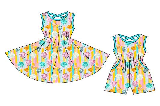 Preorder moq 5 Custom Baby Girls Blue Sleeveless Colorful Shell Knee Length Dress Pockets Jumpsuits