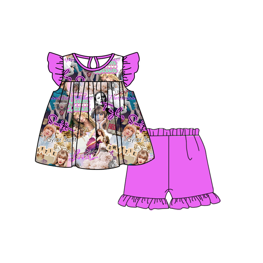 Baby Girls Purple Singer Tunic Pearl Top Ruffle Shorts Clothes Sets Preorder(moq 5)