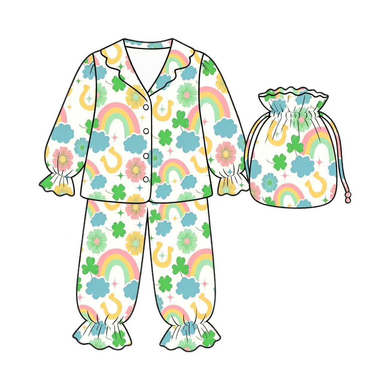 Preorder (moq 5)Baby Girls Clover Flowers Button Top Ruffle Pants St Patrick Pajamas Set