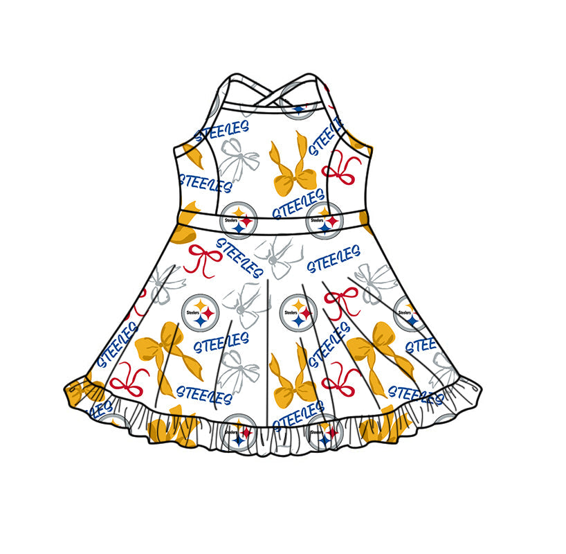 Preorder (moq 5)Baby Girls Strap Bows Steelers Team Shorts Ruffle Knee Length Dresses