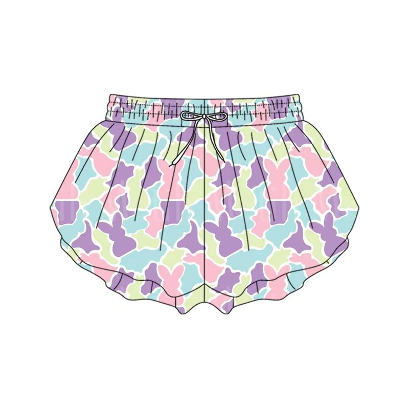Preorder moq 5 Adult Women Colorful Rabbits Camo Easter Ruffle Shorts Bottom