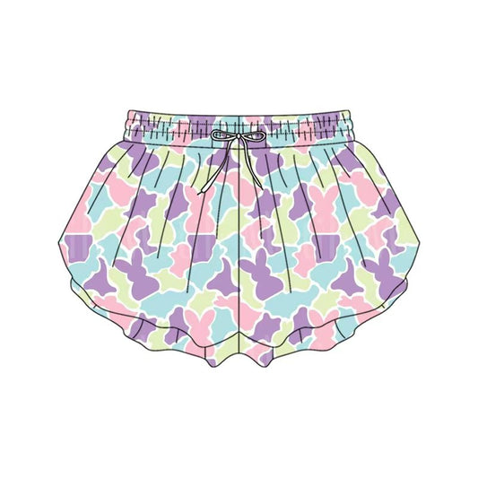 Preorder moq 5 Adult Women Colorful Rabbits Camo Easter Ruffle Shorts Bottom