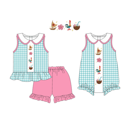 Preorder moq 5 Custom Baby Girls Blue Plaid Sleeveless Boats Flowers Tunic Ruffle Short Set Rompers