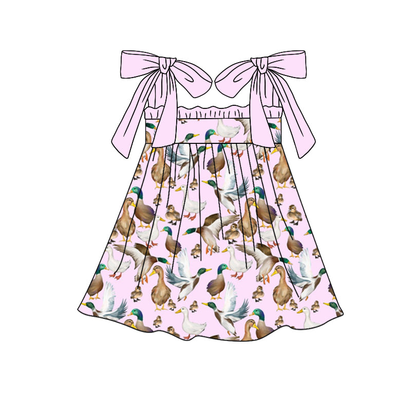 Preorder (moq 5)Baby Girls Ducks Pink Hunting Straps Knee Length Dresses