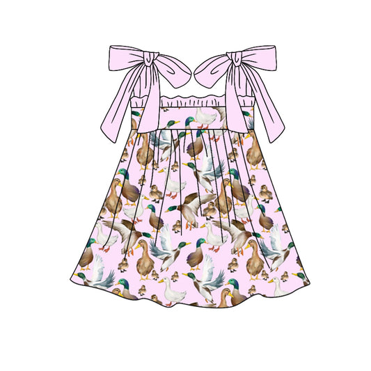 Preorder (moq 5)Baby Girls Ducks Pink Hunting Straps Knee Length Dresses