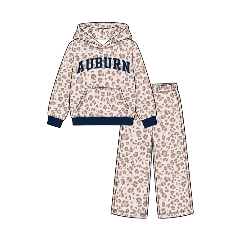 Preorder (moq 5) Baby Girl Clothes Auburn Letter Leopard Print Long Sleeve Hoodie Wide Leg Pant Set