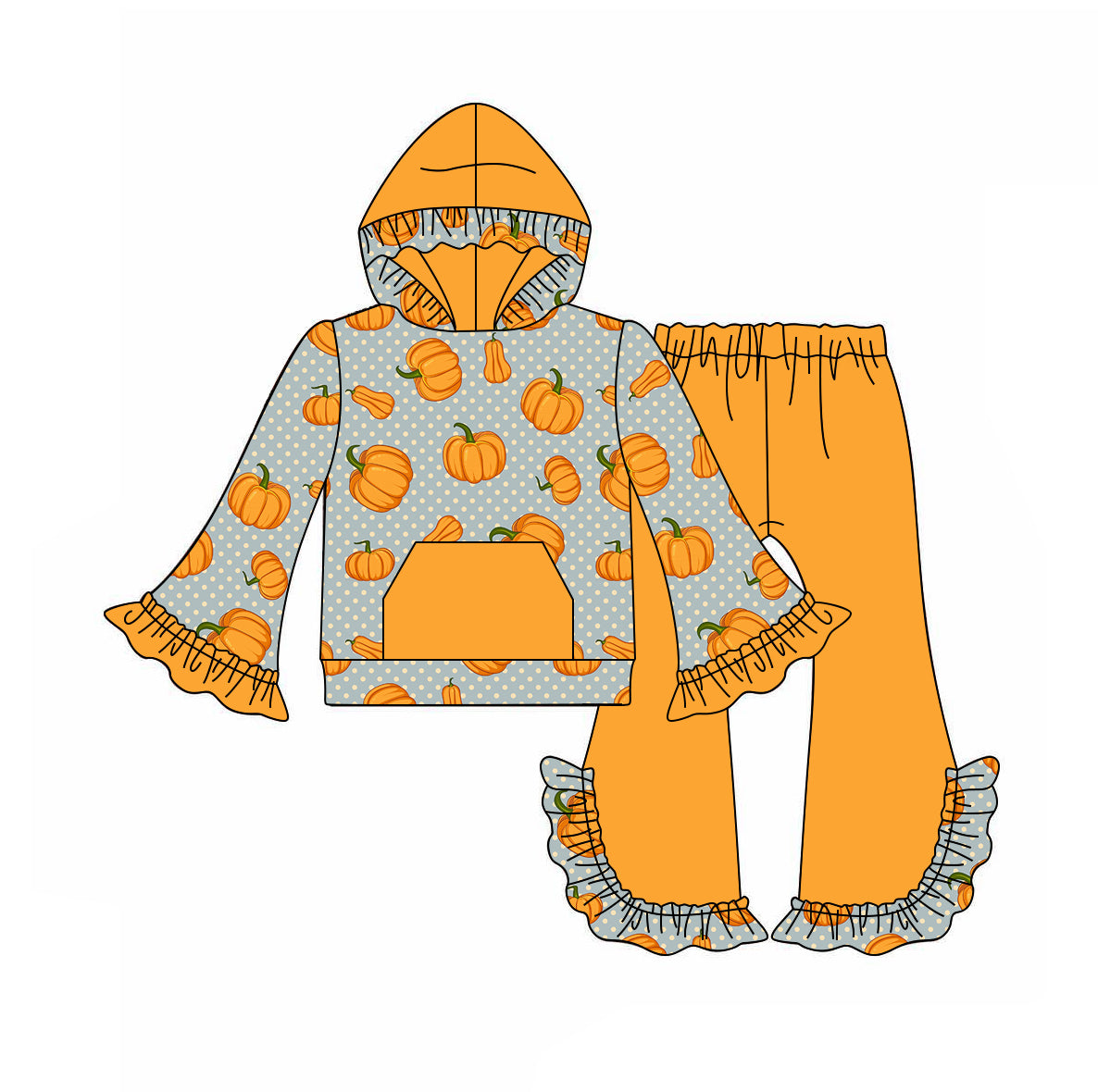 Baby Girls Orange Pumpkin Pocket Hooded Top Ruffle Pants Clothes Sets Preorder(moq 5)