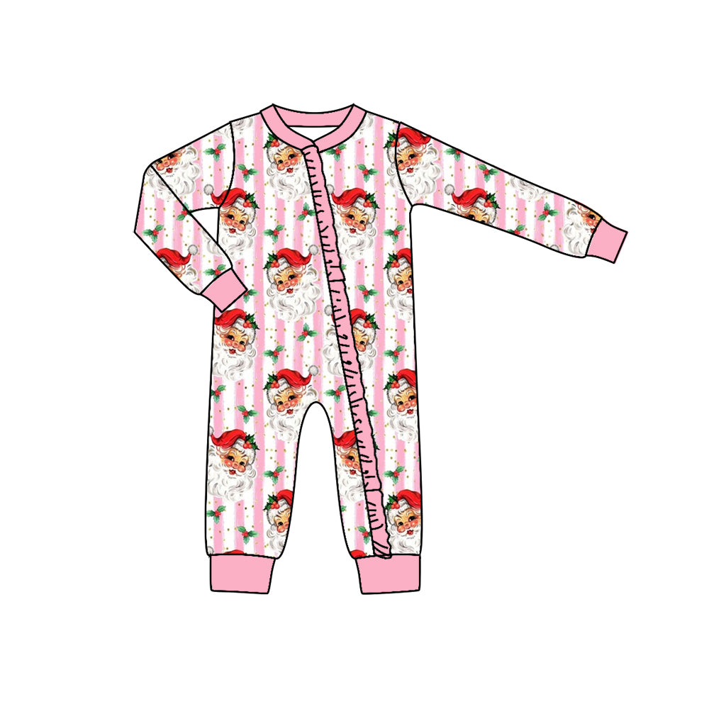 Baby Girls Pink Stripes Santa Christmas Zip Long Sleeve Rompers Preorder(moq 5)