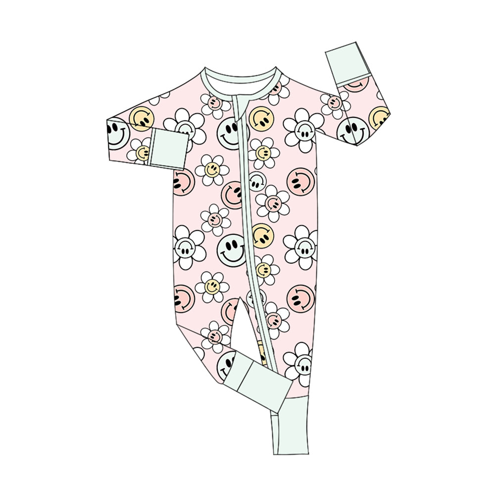 Preorder (moq 5)Baby Girls Pink Long Sleeves Smiles Flowers Zipper Rompers