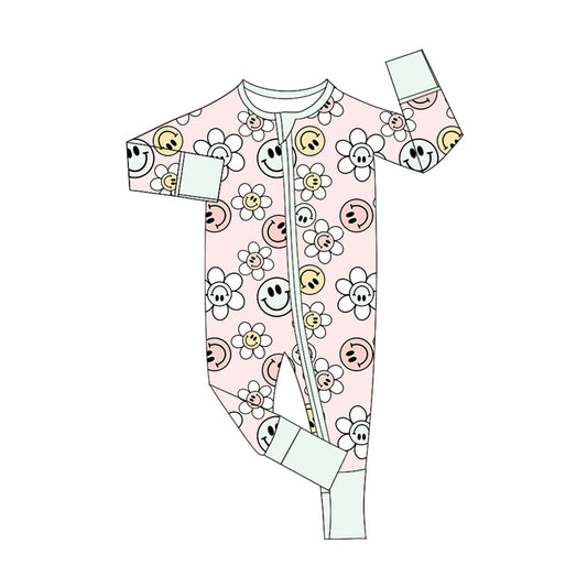 Preorder (moq 5)Baby Girls Pink Long Sleeves Smiles Flowers Zipper Rompers