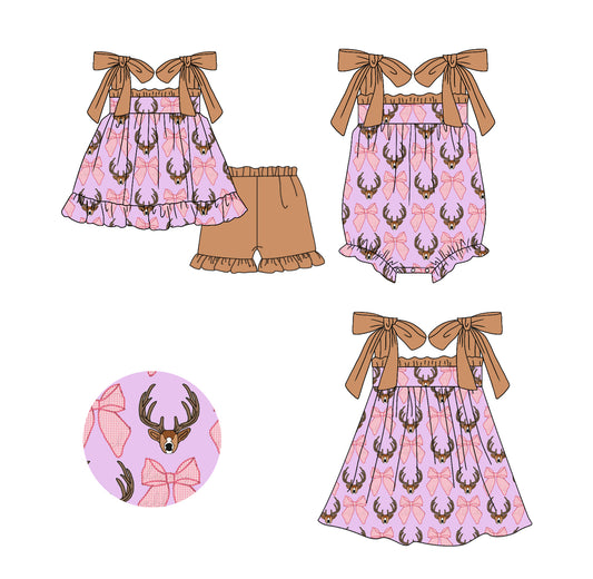 Preorder(moq 5 each)Sibling Baby Girls Pink Brown Hunting Deer Bows Straps Romper Dress Shorts Sets