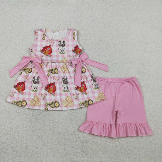 Baby Girls Sleeveless Pink Checked House Cows Tunic Ruffle Shorts Farm Clothes Sets