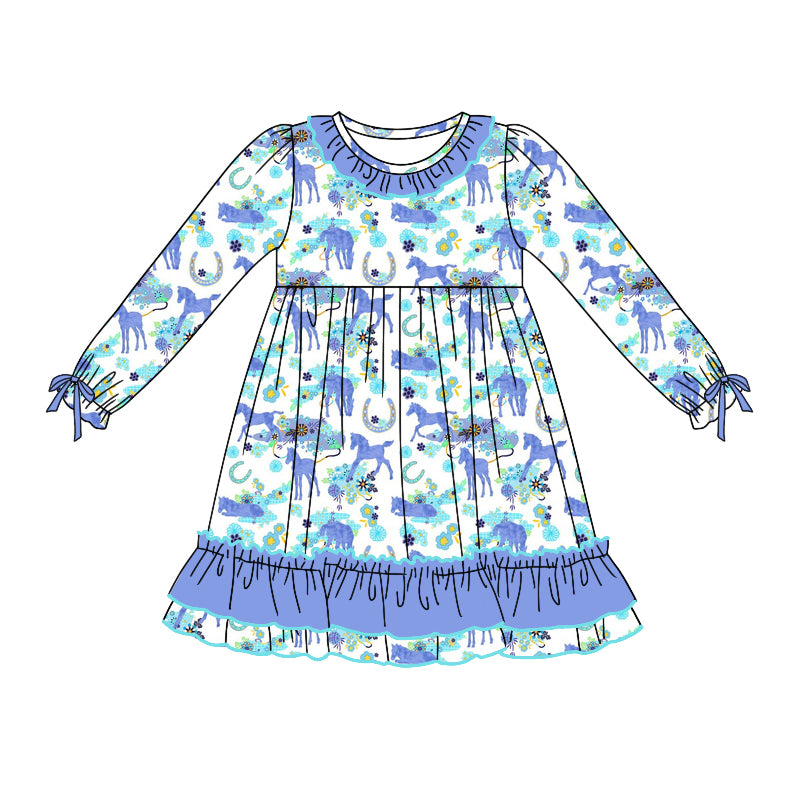 Baby Girls Western Blue Horse Ruffle Knee Length Dresses preorder(MOQ 5)