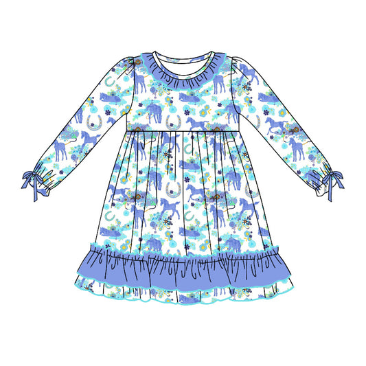 Baby Girls Western Blue Horse Ruffle Knee Length Dresses preorder(MOQ 5)