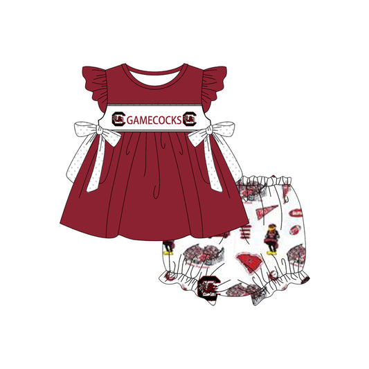 Preorder(moq 5) Baby Girls Gamecocks Team Bows Tunic Top Bummie Sets