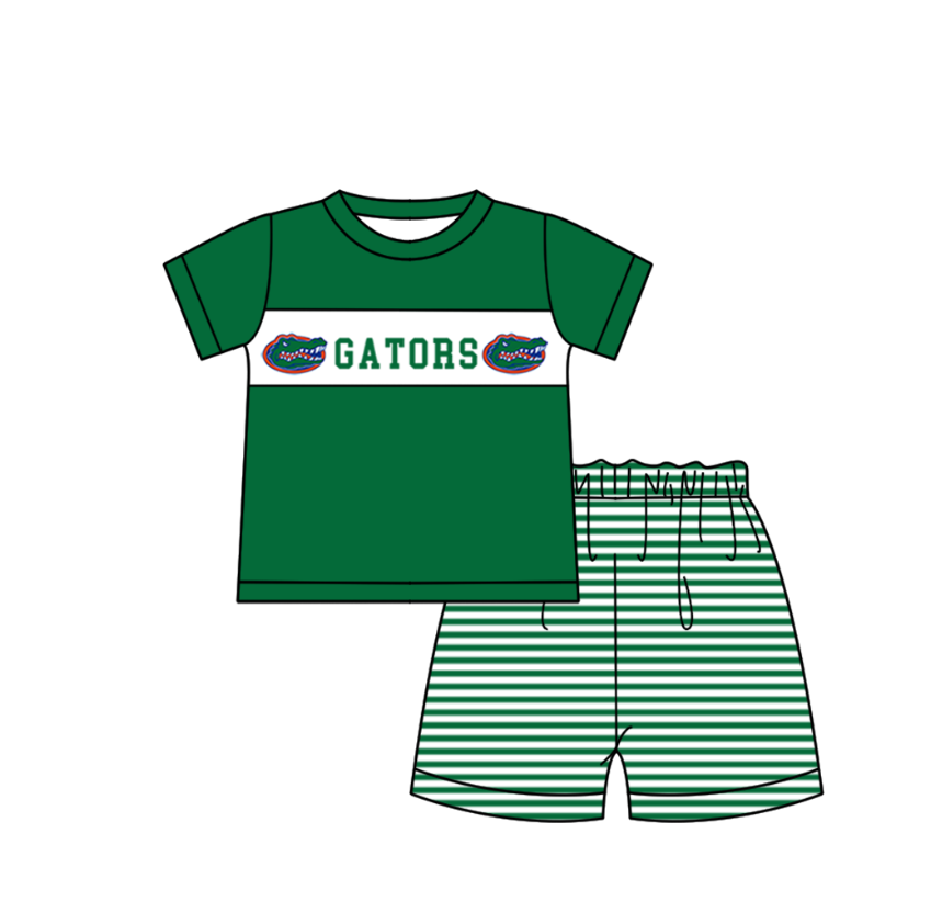 Preorder (moq 5)Baby Boys Green Short Sleeve Gators Top Stripe Shorts Team Clothes Sets