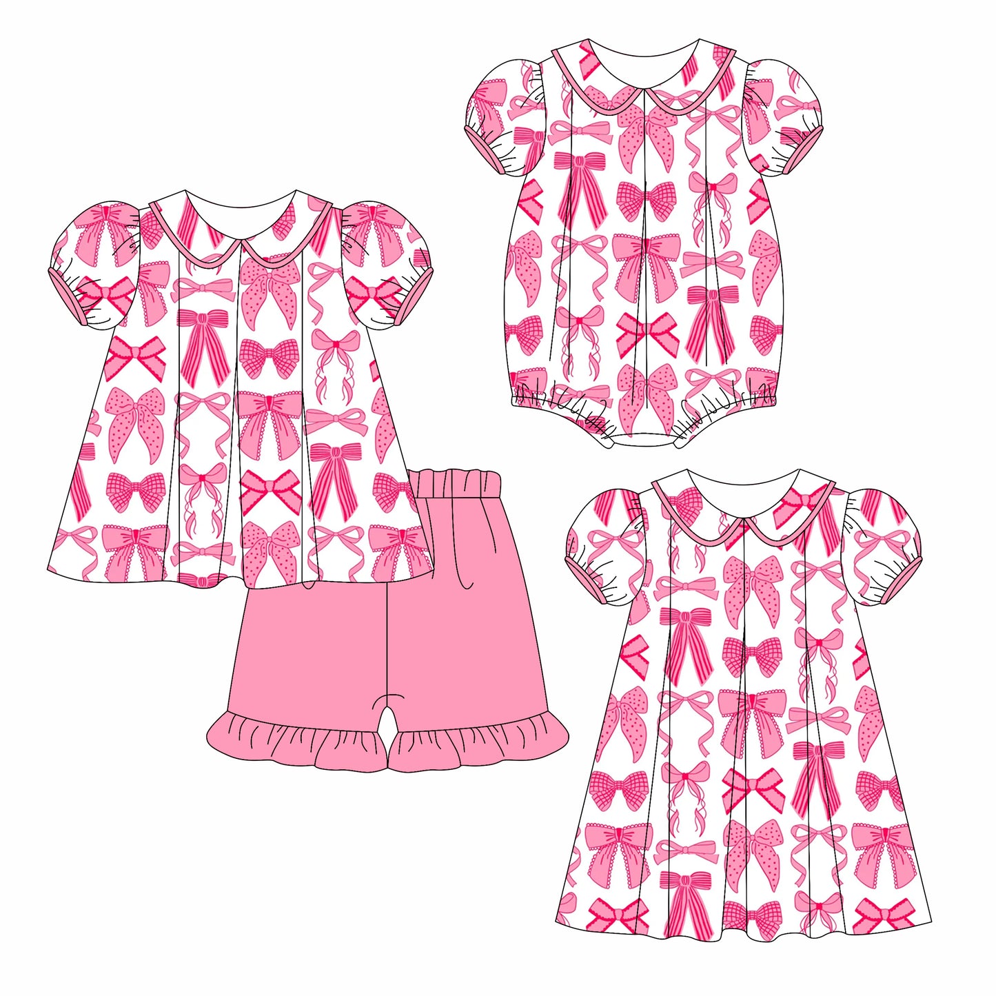 Preorder moq 5 Custom Baby Girls Pink Bows Tunic Ruffle Short Set Knee Length Dress Romper