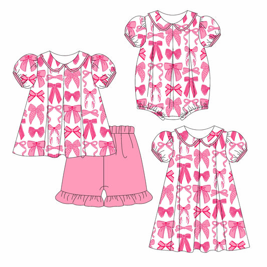 Preorder moq 5 Custom Baby Girls Pink Bows Tunic Ruffle Short Set Knee Length Dress Romper