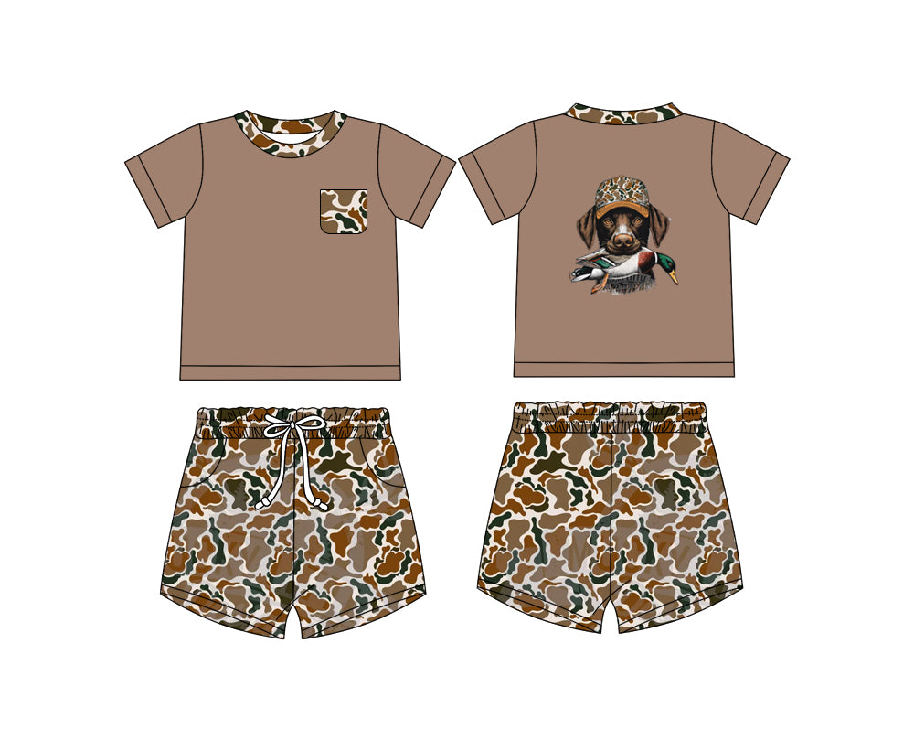 Preorder (moq 5)Baby Boys Duck Dog Hunting Top Brown Camo Shorts Clothes Sets