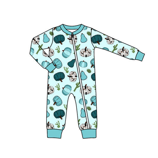 Baby Girls Blue Western Pumpkins Long Sleeve Zip Rompers preorder(moq 5)