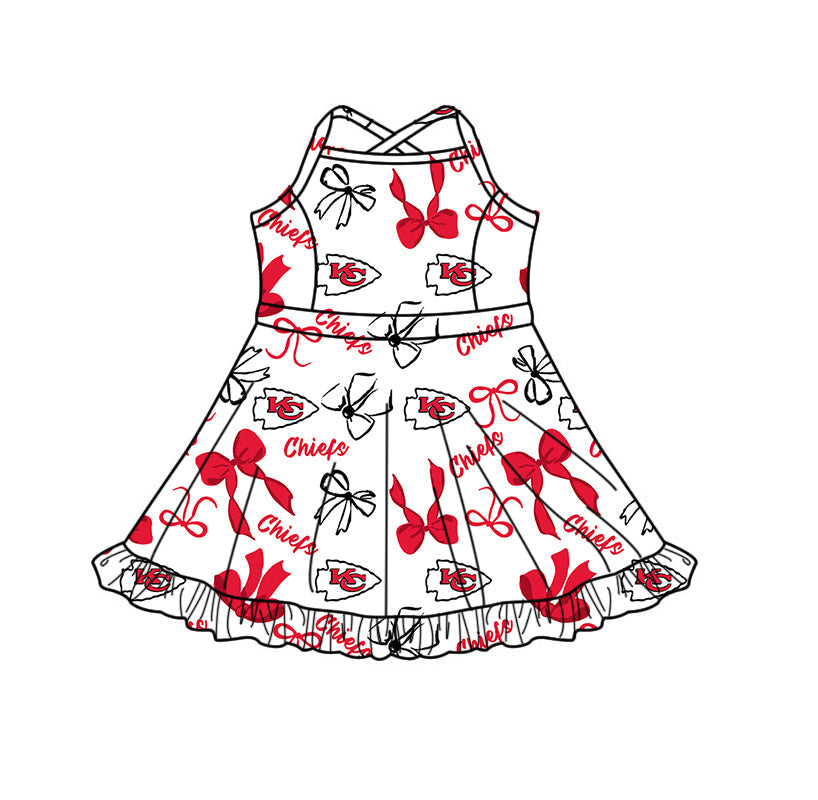 Preorder (moq 5)Baby Girls Strap Red Bows Chiefs Team Short Ruffle Knee Length Dresses