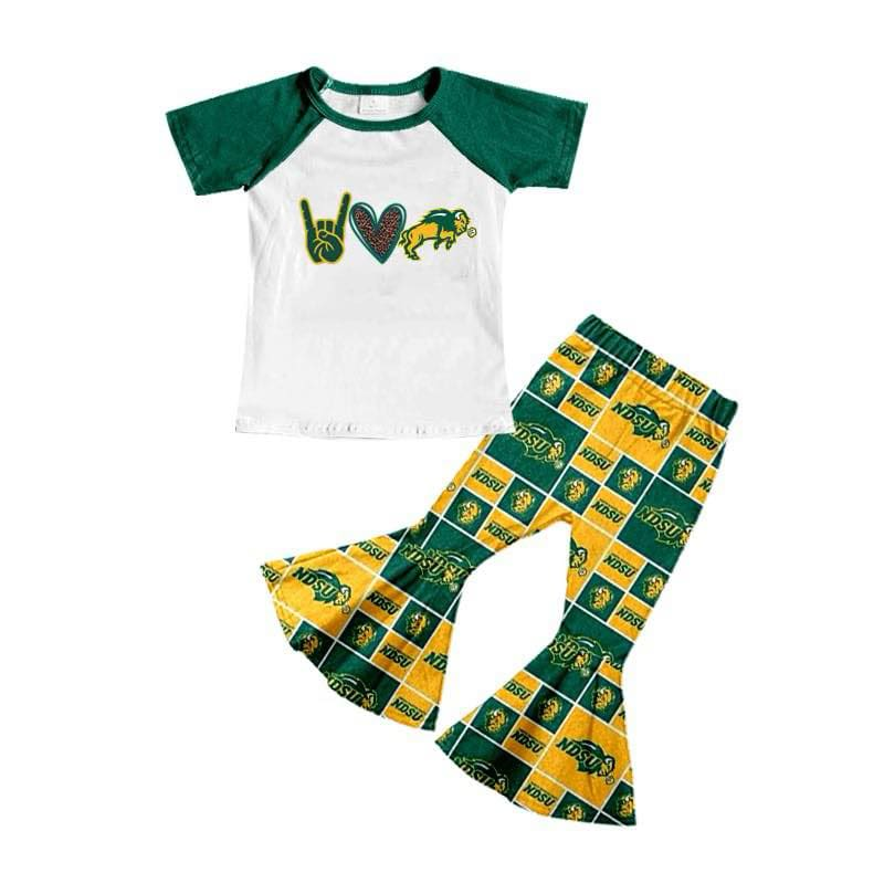 Preorder (moq 5)Baby Girls Green Lion Team Top Bell Pants Clothes Sets
