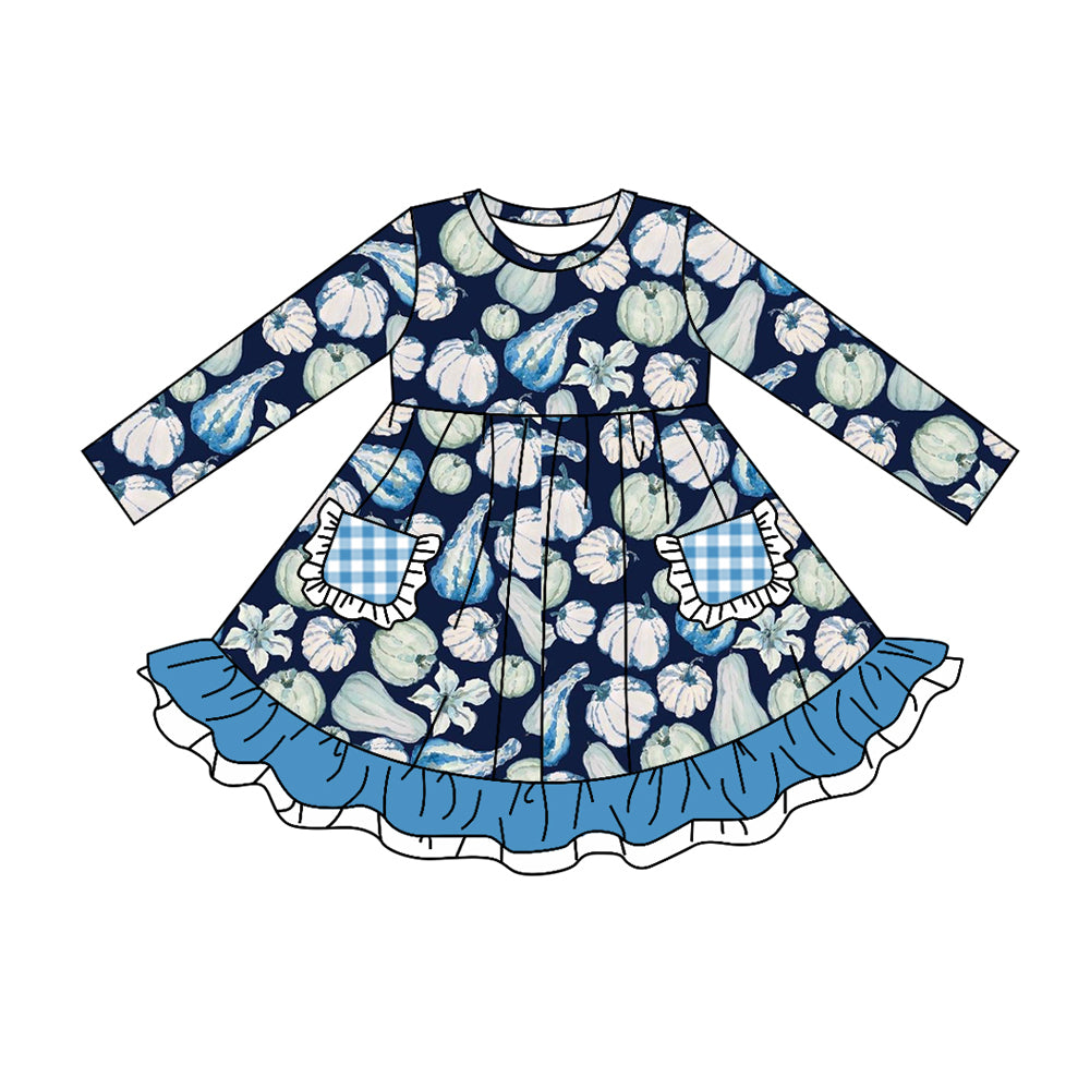 Baby Girls Blue Pumpkin Ruffles Pockets Knee Length Dresses Preorder(moq 5)