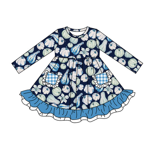 Baby Girls Blue Pumpkin Ruffles Pockets Knee Length Dresses Preorder(moq 5)