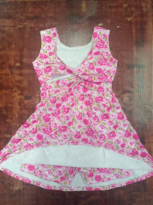 Preorder moq 5 Baby Girls Sleeveless Pink Flowers Skort Knee Length Dress