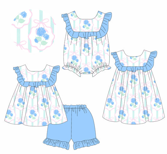 Preorder moq 5 Custom Baby Girls Blue Sleeveless Floral Plaid Tunic Ruffle Short Set Knee Length Dress Rompers