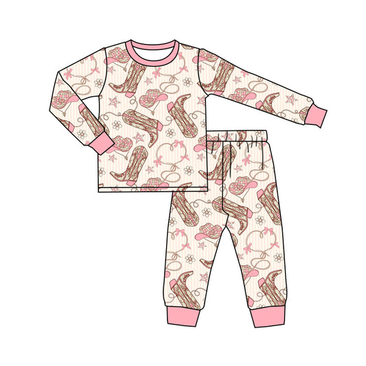 Preorder (moq 5)Baby Girls Western Pink Boots Hats Top Pants Pajamas Clothes Sets