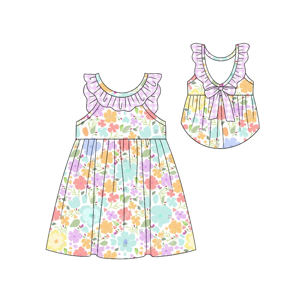 Baby Girls Lavender Checkered Flowers Back Bow Knee Length Dresses preorder (moq 5)