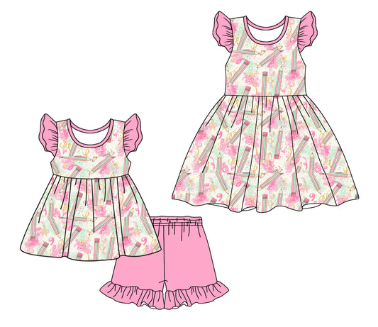 Preorder moq 5 Custom Baby Girls Pink Flutter Sleeves Pencils Tunic Ruffle Short Set Knee Length Dress